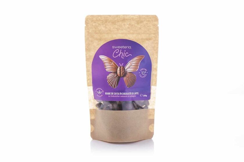 Boabe cafea in ciocolata lapte cu indulcitor natural si colagen